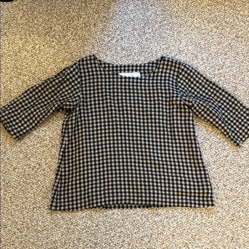 Not Perfect Linen Boxy Black and Tan Gingham Women's Top
